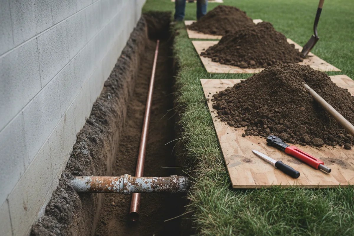 Excavated water line trench during Sewer Line Repair in Emerson